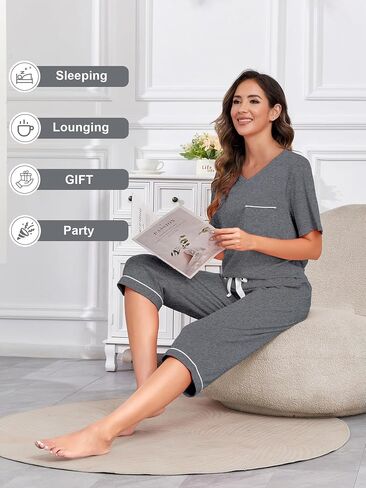 EA's Secret Women's Pajama Set v Neck Sleepwear Top و Capri 100 ٪ Cotton PJ Lounge Sets Loungewear مع جيوب in Kuwait