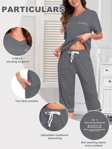 EA's Secret Women's Pajama Set v Neck Sleepwear Top و Capri 100 ٪ Cotton PJ Lounge Sets Loungewear مع جيوب in Kuwait