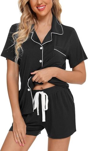 Anjue Womens Pajamas Set Short Sleeve Sleepwear Button Down Nightwear Shorts Soft Pj Sets S-XXL in Saudi Arabia