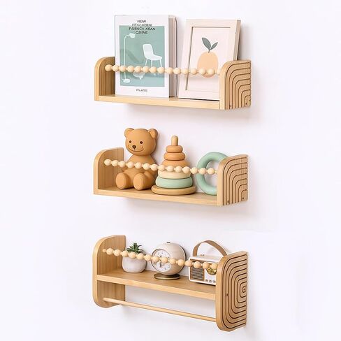 SAG's store Floating Nursery Shelves - Set of 3 Natural Wood Wall-Mounted Bookshelves for Kids Room, Baby Room, Nursery Decor - 15.7" Wide, Solid Wood Shelves for Books, Toys, and Decor Storage in Saudi Arabia