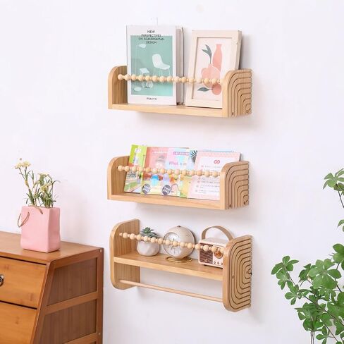SAG's store Floating Nursery Shelves - Set of 3 Natural Wood Wall-Mounted Bookshelves for Kids Room, Baby Room, Nursery Decor - 15.7" Wide, Solid Wood Shelves for Books, Toys, and Decor Storage in Saudi Arabia