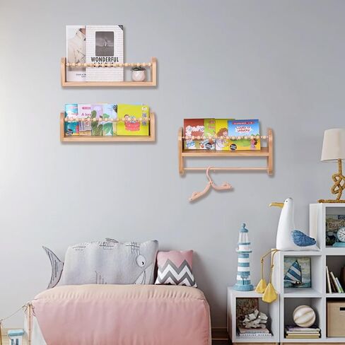 SAG's store Floating Nursery Shelves - Set of 3 Natural Wood Wall-Mounted Bookshelves for Kids Room, Baby Room, Nursery Decor - 15.7" Wide, Solid Wood Shelves for Books, Toys, and Decor Storage in Saudi Arabia