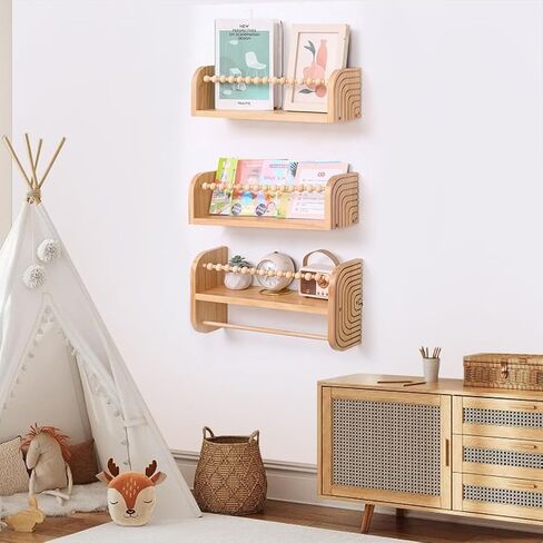 SAG's store Floating Nursery Shelves - Set of 3 Natural Wood Wall-Mounted Bookshelves for Kids Room, Baby Room, Nursery Decor - 15.7" Wide, Solid Wood Shelves for Books, Toys, and Decor Storage in Saudi Arabia