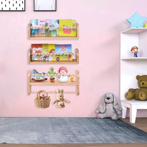SAG's store Floating Nursery Shelves - Set of 3 Natural Wood Wall-Mounted Bookshelves for Kids Room, Baby Room, Nursery Decor - 15.7" Wide, Solid Wood Shelves for Books, Toys, and Decor Storage in Saudi Arabia