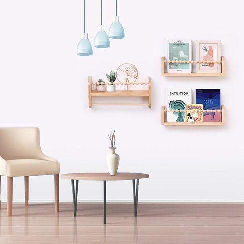 SAG's store Floating Nursery Shelves - Set of 3 Natural Wood Wall-Mounted Bookshelves for Kids Room, Baby Room, Nursery Decor - 15.7" Wide, Solid Wood Shelves for Books, Toys, and Decor Storage in Saudi Arabia