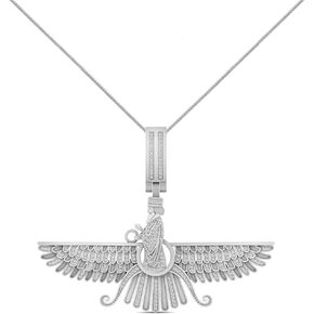 Real Genuine Authentic Natural Diamond 0.71 Cwt. 14K Solid Gold Rhodium Persian Empire Faravahar Ahura Mazda Zoroastrian Pendant Charm Franco Chain Neckless Set in Kuwait