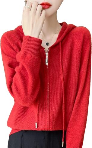 Women's 100 Percent Merino Wool Sweater Cardigan Hooded Zippers Raglan Sleeve Cashmere Knitwear Tops in Saudi Arabia