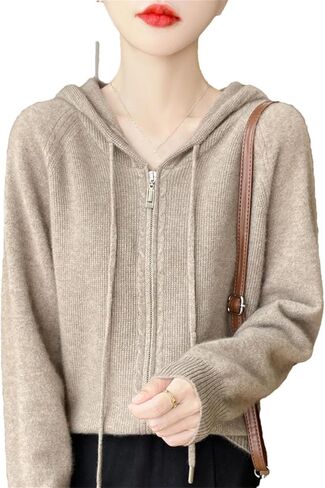 Women's 100 Percent Merino Wool Sweater Cardigan Hooded Zippers Raglan Sleeve Cashmere Knitwear Tops in Saudi Arabia