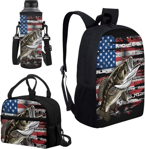 كيس مدرسة الأطفال Bass Fish Fish American Print 3 Pack Backpack for Boys with Box Box Cooler Water Bottle Cover Back to Schools Supplies in Kuwait