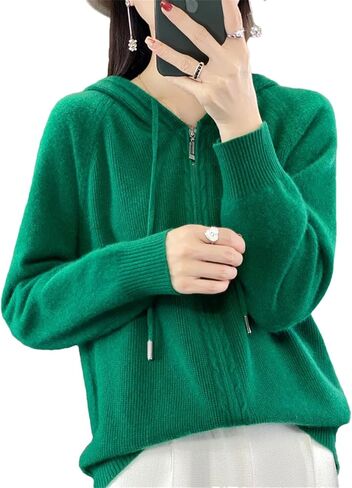 Women's 100 Percent Merino Wool Sweater Cardigan Hooded Zippers Raglan Sleeve Cashmere Knitwear Tops in Saudi Arabia