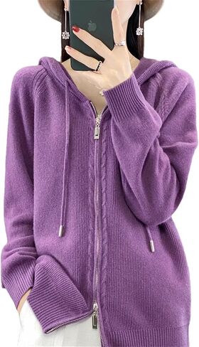Women's 100 Percent Merino Wool Sweater Cardigan Hooded Zippers Raglan Sleeve Cashmere Knitwear Tops in Saudi Arabia