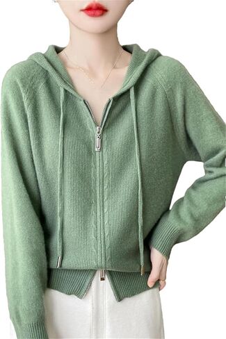 Women's 100 Percent Merino Wool Sweater Cardigan Hooded Zippers Raglan Sleeve Cashmere Knitwear Tops in Saudi Arabia