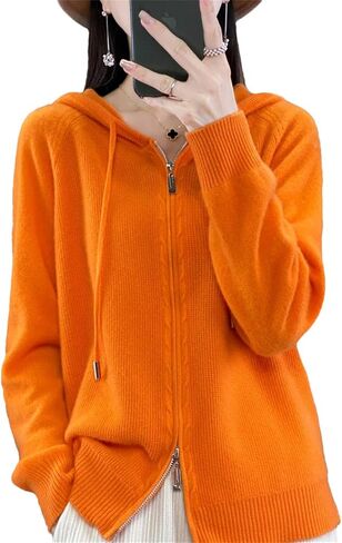 Women's 100 Percent Merino Wool Sweater Cardigan Hooded Zippers Raglan Sleeve Cashmere Knitwear Tops in Saudi Arabia