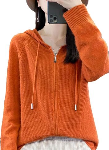 Women's 100 Percent Merino Wool Sweater Cardigan Hooded Zippers Raglan Sleeve Cashmere Knitwear Tops in Saudi Arabia