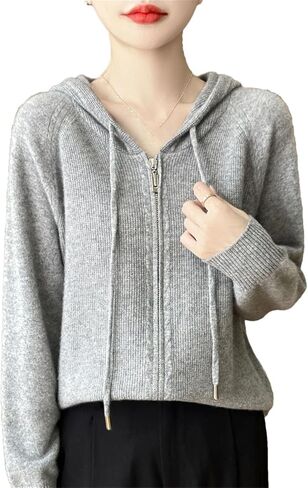 Women's 100 Percent Merino Wool Sweater Cardigan Hooded Zippers Raglan Sleeve Cashmere Knitwear Tops in Saudi Arabia