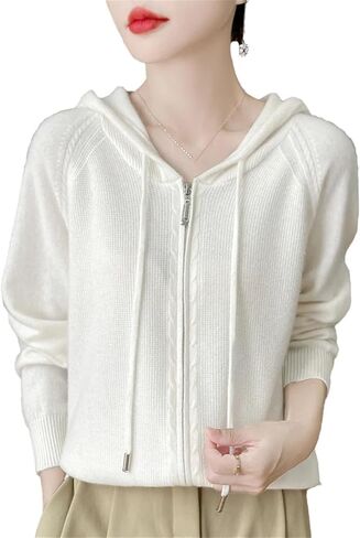 Women's 100 Percent Merino Wool Sweater Cardigan Hooded Zippers Raglan Sleeve Cashmere Knitwear Tops in Saudi Arabia