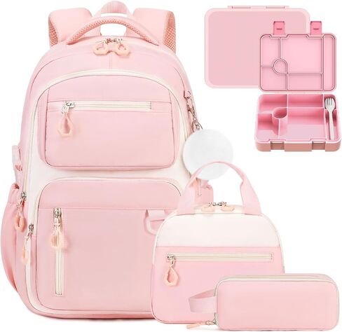 حقيبة ظهر مدرسة Bevalsa للفتيات ، Bookpack مع Bento Lunch Box ، حقيبة معزولة وأواني ، 43 أوقية حاويات الغداء مع 6 مقصورة مدرسية مجموعة الطالب الأوسط الابتدائي (الوردي) in Kuwait