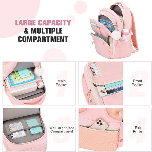 حقيبة ظهر مدرسة Bevalsa للفتيات ، Bookpack مع Bento Lunch Box ، حقيبة معزولة وأواني ، 43 أوقية حاويات الغداء مع 6 مقصورة مدرسية مجموعة الطالب الأوسط الابتدائي (الوردي) in Kuwait
