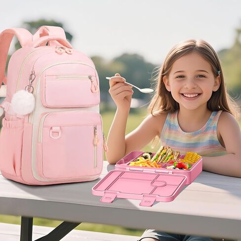 حقيبة ظهر مدرسة Bevalsa للفتيات ، Bookpack مع Bento Lunch Box ، حقيبة معزولة وأواني ، 43 أوقية حاويات الغداء مع 6 مقصورة مدرسية مجموعة الطالب الأوسط الابتدائي (الوردي) in Kuwait