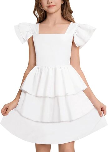 21KIDS Girls Summer Dress Flutter Sleeve Smocked Tiered Elegant Casual Dresses for Girls 8-12 Years in Saudi Arabia