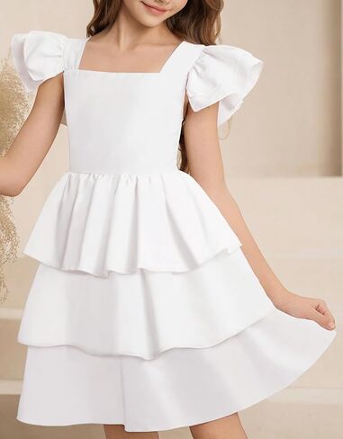 21KIDS Girls Summer Dress Flutter Sleeve Smocked Tiered Elegant Casual Dresses for Girls 8-12 Years in Saudi Arabia
