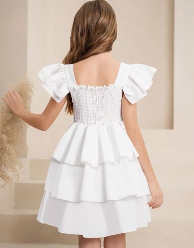 21KIDS Girls Summer Dress Flutter Sleeve Smocked Tiered Elegant Casual Dresses for Girls 8-12 Years in Saudi Arabia