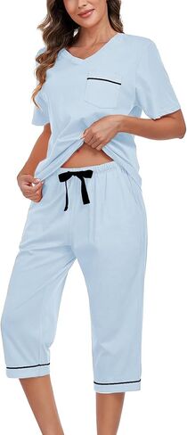 EA's Secret Women's Pajama Set v Neck Sleepwear Top و Capri 100 ٪ Cotton PJ Lounge Sets Loungewear مع جيوب in Kuwait