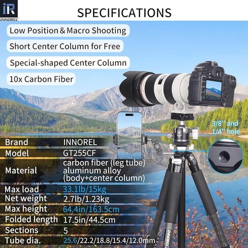 INNOREL حامل ثلاثي من ألياف الكربون GT255CF حامل ثلاثي محمول احترافي مدمج لكاميرا DSLR 5 أقسام حامل كاميرا للسفر يدعم عمود مركزي على شكل خاص أنبوب 1 بوصة/25.6 مم أقصى تحميل 33 رطل/15 كجم in Kuwait