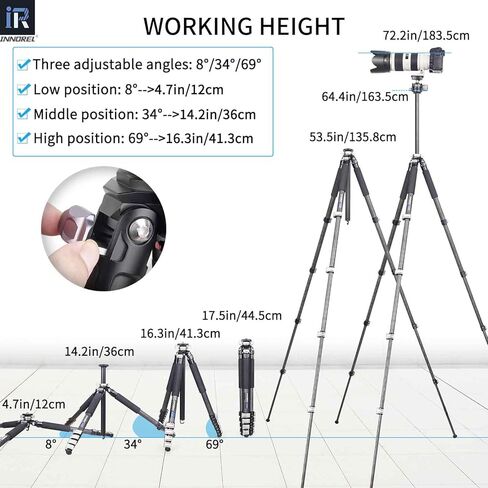 INNOREL حامل ثلاثي من ألياف الكربون GT255CF حامل ثلاثي محمول احترافي مدمج لكاميرا DSLR 5 أقسام حامل كاميرا للسفر يدعم عمود مركزي على شكل خاص أنبوب 1 بوصة/25.6 مم أقصى تحميل 33 رطل/15 كجم in Kuwait