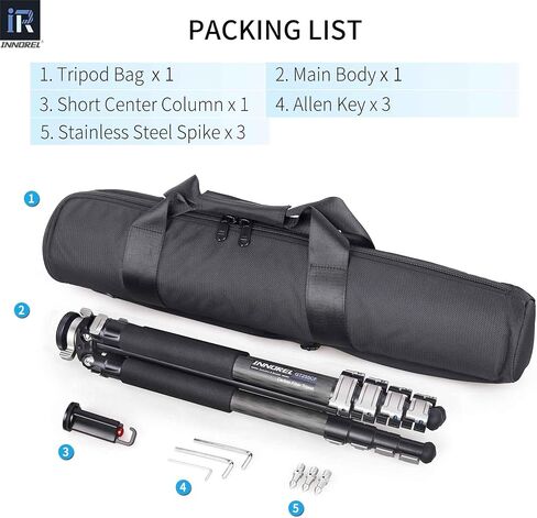 INNOREL حامل ثلاثي من ألياف الكربون GT255CF حامل ثلاثي محمول احترافي مدمج لكاميرا DSLR 5 أقسام حامل كاميرا للسفر يدعم عمود مركزي على شكل خاص أنبوب 1 بوصة/25.6 مم أقصى تحميل 33 رطل/15 كجم in Kuwait