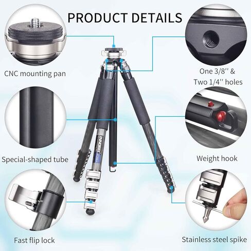 INNOREL حامل ثلاثي من ألياف الكربون GT255CF حامل ثلاثي محمول احترافي مدمج لكاميرا DSLR 5 أقسام حامل كاميرا للسفر يدعم عمود مركزي على شكل خاص أنبوب 1 بوصة/25.6 مم أقصى تحميل 33 رطل/15 كجم in Kuwait