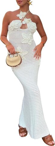 Ptorlio Womens Swimsuit Cover Up Summer Halter Beach Floral Bodycon Sleeveless Coverup Crochet Maxi Dress in Kuwait