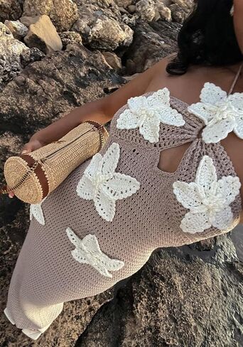 Ptorlio Womens Swimsuit Cover Up Summer Halter Beach Floral Bodycon Sleeveless Coverup Crochet Maxi Dress in Kuwait