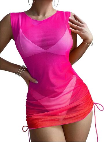 ZAFUL Women Swimsuit Cover Up Dress Ombre Side Ties Sleeveless Sheer Mesh Bathing Suit Coverups Beach Dress in Saudi Arabia
