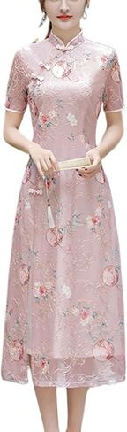 الصيف الطويل الطويل الفيتنامي التقليدية AO Dai Cheongsam Qipao فستان الشبكة التطريز الفساتين الصينية للنساء الأم in Kuwait