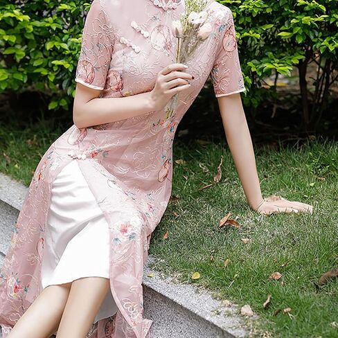 الصيف الطويل الطويل الفيتنامي التقليدية AO Dai Cheongsam Qipao فستان الشبكة التطريز الفساتين الصينية للنساء الأم in Kuwait