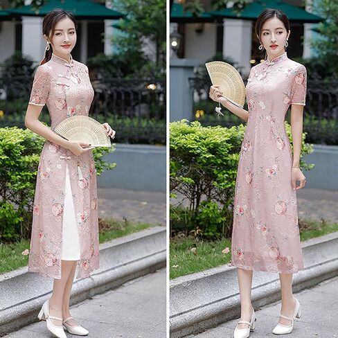 الصيف الطويل الطويل الفيتنامي التقليدية AO Dai Cheongsam Qipao فستان الشبكة التطريز الفساتين الصينية للنساء الأم in Kuwait
