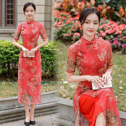 الصيف الطويل الطويل الفيتنامي التقليدية AO Dai Cheongsam Qipao فستان الشبكة التطريز الفساتين الصينية للنساء الأم in Kuwait