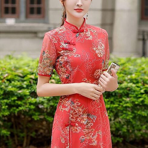 الصيف الطويل الطويل الفيتنامي التقليدية AO Dai Cheongsam Qipao فستان الشبكة التطريز الفساتين الصينية للنساء الأم in Kuwait