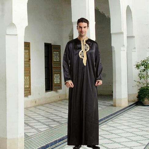 zhxinashu Thobe for Men Islam Long Sleeve Mens Kaftan Thobe Muslim Men Clothing in Saudi Arabia
