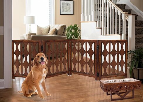 بوابة أمان خشبية قابلة للطي للكلاب الأليفة - 3 ألواح قوسية 20 عرضًا × 24 ارتفاعًا - خشب صلب منحوت يدويًا وMDF - سياج داخلي محمول قائم بذاته وقاعة مدخل داخلية - مجمعة بالكامل - بني قرفة - إيرونجات in Kuwait