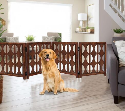 بوابة أمان خشبية قابلة للطي للكلاب الأليفة - 3 ألواح قوسية 20 عرضًا × 24 ارتفاعًا - خشب صلب منحوت يدويًا وMDF - سياج داخلي محمول قائم بذاته وقاعة مدخل داخلية - مجمعة بالكامل - بني قرفة - إيرونجات in Kuwait