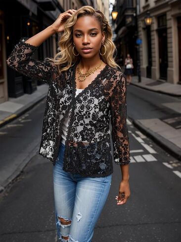 Bolero Shrugs for Women Dresses Black White Lace Summer Beach Lightweight Sheer Long Sleeve Wedding Cardigan Dressy in Kuwait