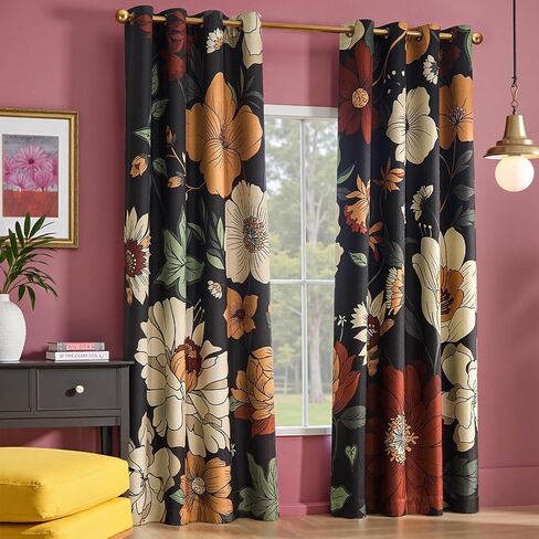 jinchan Lora Floral Curtains for Bedroom Blackout Drapes for Living Room Darkening Textured Fabric Vintage Flower Pattern Printed Window Curtains 84 Inches Length 2 Panels Set with Grommet Black in Saudi Arabia