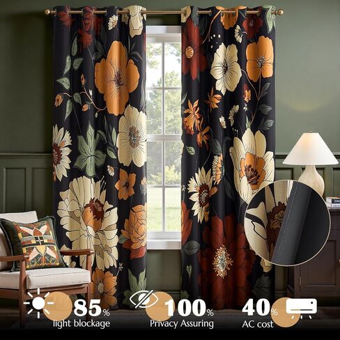 jinchan Lora Floral Curtains for Bedroom Blackout Drapes for Living Room Darkening Textured Fabric Vintage Flower Pattern Printed Window Curtains 84 Inches Length 2 Panels Set with Grommet Black in Saudi Arabia