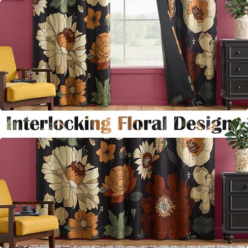 jinchan Lora Floral Curtains for Bedroom Blackout Drapes for Living Room Darkening Textured Fabric Vintage Flower Pattern Printed Window Curtains 84 Inches Length 2 Panels Set with Grommet Black in Saudi Arabia