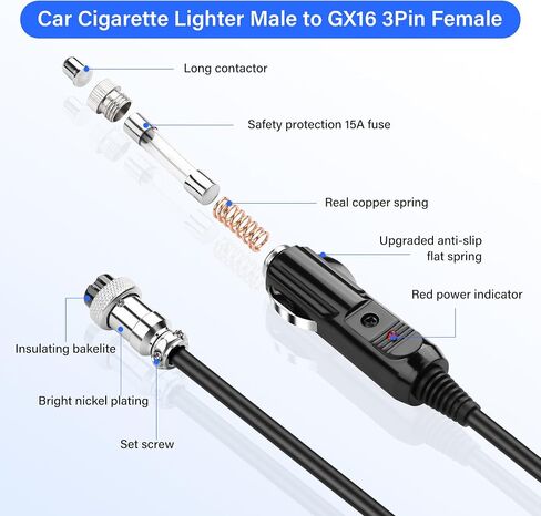 SinLoon 16AWG Cigarette Lighter GX16 3Pin Cable 12V Male to Female Wireable Molding Industrial Circular Round Receptacle Aviation Connectors 10FT/3Meter (GX16 3Pin) in Kuwait