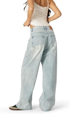 Aelfric Eden Womens Baggy Wide Legens عالية الخصر غير الرسمي للجنسين المغسول في الشارع y2k سراويل الدنيم المستقيمة in Saudi Arabia