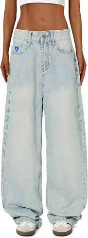 Aelfric Eden Womens Baggy Wide Legens عالية الخصر غير الرسمي للجنسين المغسول في الشارع y2k سراويل الدنيم المستقيمة in Saudi Arabia
