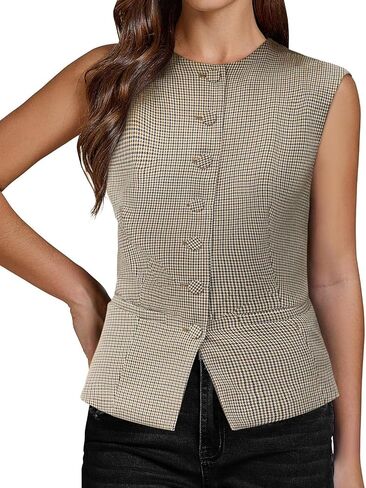 Tankaneo Womens Gingham Suit Vest Tops Round Neck Sleeveless Button Down Fitted Waistcoat Dressy Casual Plaid Blazer Vest in Saudi Arabia